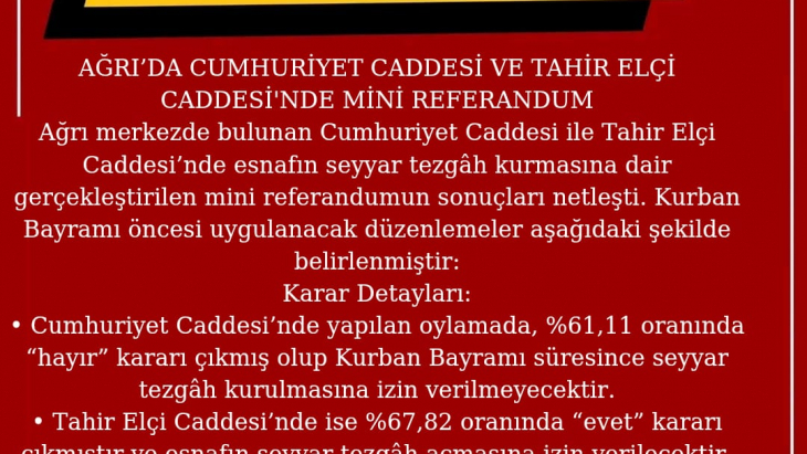 AĞRI’DA CUMHURİYET CADDESİ VE TAHİR ELÇİ CADDESİ'NDE MİNİ REFERANDUM