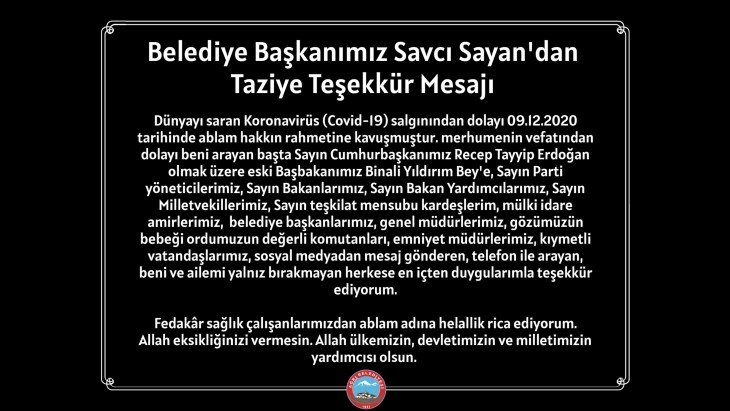 Belediye Başkanımız Savcı Sayan'dan Taziye Teşekkür Mesajı